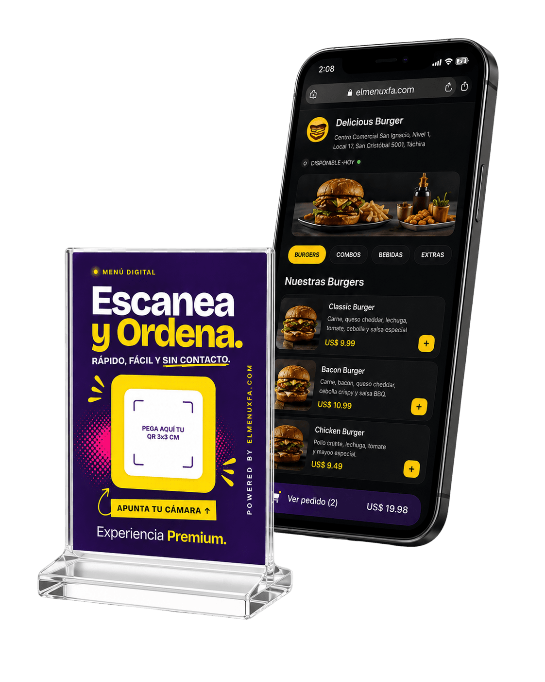 Table Tent físico y menú digital de elmenuxfa en un smartphone