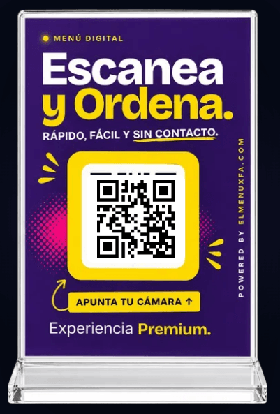 Table Tent acrílico de ElMenúXFA con código QR para escanear y pedir