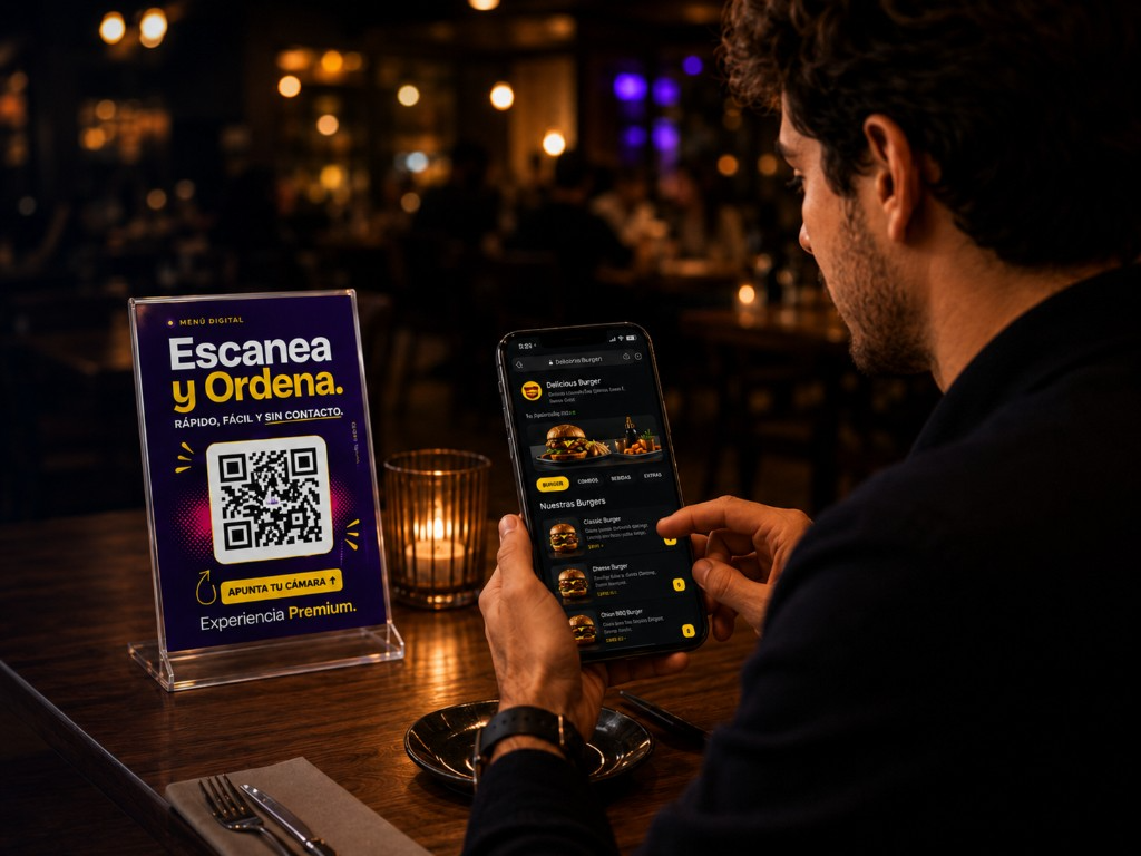 Cliente escaneando el menú digital con Table Tent y smartphone en un restaurante